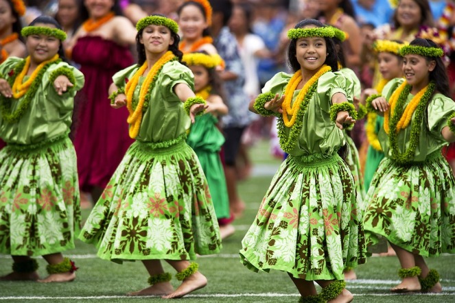 Hula girls dancing at the Merrie Monarch festival in Hawaii
