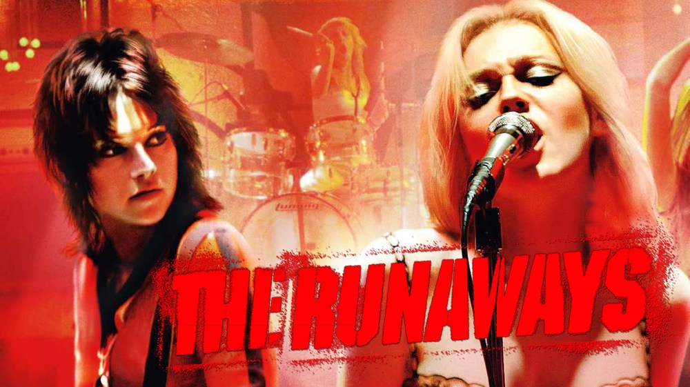 The Runaways movie poster with Kristin Stewart as Joan Jett and Dakota Fanning as Cherie Currie - best rock musical movies